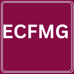 maroon square with white text that reads ECFMG