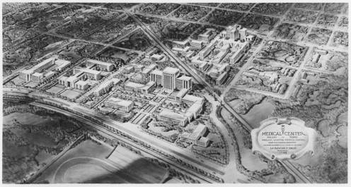 Southwestern Medical Foundation developed plans for a grand medical complex—incorporating Southwestern Medical College—on Harry Hines Boulevard at Oak Lawn Avenue, as illustrated in this drawing. The plan is the work of prominent Dallas architects LaRoche & Dahl. However, the medical school campus was actutallu built farther from downtown at the intersection of Harry Hines Boulevard and Inwood Road. Contemporary drawing of planned medical complex.
