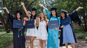 From left: Graduates Maya Khemsara, M.P.H., Kolambi Kharbanda, M.P.H., Eunice Huan, M.P.H., Janet Hoang, M.P.H., and Courtney Pinto, M.P.H., show off their diplomas in a festive group photo.