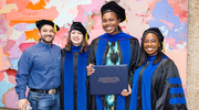 From left: Graduates David Sanchez, Ph.D., Genetics, Development, and Disease; Claudette Fraire, Ph.D., Cancer Biology; Alia Edington, Ph.D., Cell and Molecular Biology; and Alexis Waller, Ph.D., Molecular Microbiology, gather after the ceremony.
