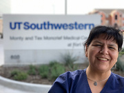 Irma Revilla, Allergy and Immunology, Monty and Tex Moncrief Medical Center at Fort Worth: “The sign of UT Southwestern is one of my favorite places, because I am so proud to be part of the UTSW family. I take great pride when I say I work here. I try to get all my uniforms embroidered with the UTSW logo because I wear it proudly!”
