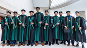From left: Meena Tadros, M.D., Drupad Annapureddy, M.D., William Turlington, M.D., Varun Ravi, M.D., Vikram Aggarwal, M.D., Mahad Rehman, M.D., Ali Abbas, M.D., Rohan Tummala, M.D., Prajwal Gowda, M.D., and Cyrus Steppe, M.D., are all smiles as new UTSW Medical School graduates.