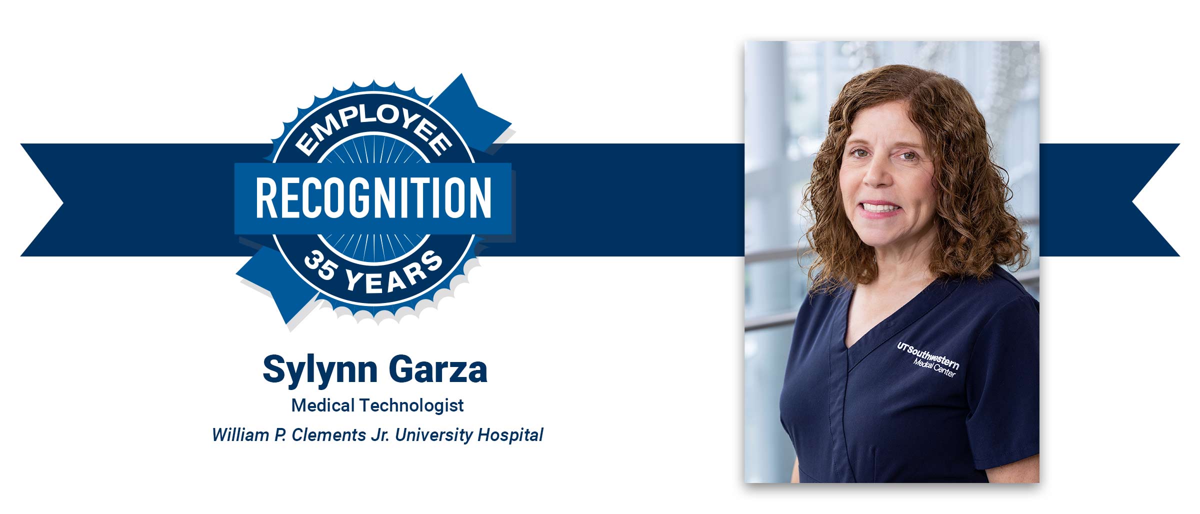 Woman in blue UTSW scrubs, with brown hair. Sylynn Garza, 35 years employee recognition