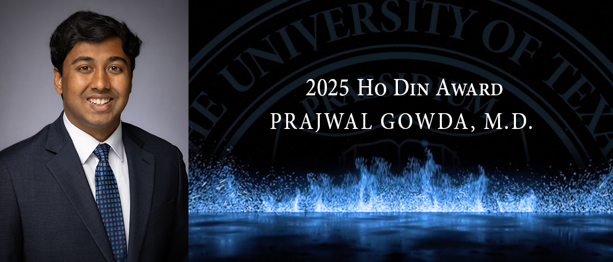 Smiling man with dark with black hair wearing a dark suit, white shirt, and blue checked tie - 2025 Ho Din Award, Prajwal Gowda, M.D.