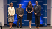 From left: Holly Crawford, M.B.A., Executive Vice President for Business Affairs; UTSW President Daniel K. Podolsky, M.D.; Ms. Smith, holding her award; and Jeremy Falke, M.B.A., Vice President and Chief Human Resources Officer