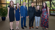 The six recipients of the UT Southwestern Pinnacle Awards – from left: Ms. Smith, Ms. Gemmell, Mr. Pons, Mr. Macias, Ms. Bui, and Ms. Suarez – pause for a moment to take it all in.