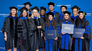 Neuroscience graduates and faculty come together to celebrate this incredible milestone. Back row, from left: Brad Pfeiffer, Ph.D., Associate Professor; Anne Ojo, Ph.D., graduate; Lance Heady, Ph.D., graduate; Robert John-Marion Pendry, Ph.D. graduate; and Peter Tsai, M.D., Ph.D., Associate Professor. Front row, from left: Maria Chahrour, Ph.D., Associate Professor and Program Director; Genevieve Konopka, Ph.D., Professor; Carla Green, Ph.D., Professor; Ana Ortiz, Ph.D., graduate; Lidiette Angeles Perez, Ph.D., graduate; and Brianna Ramirez, Ph.D., graduate. Dr. Chahrour has additional appointments in the Eugene McDermott Center for Human Growth and Development and the Center for the Genetics of Host Defense.