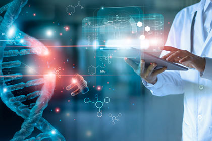 Person in lab coat with tablet looking at data overlay and dna strand