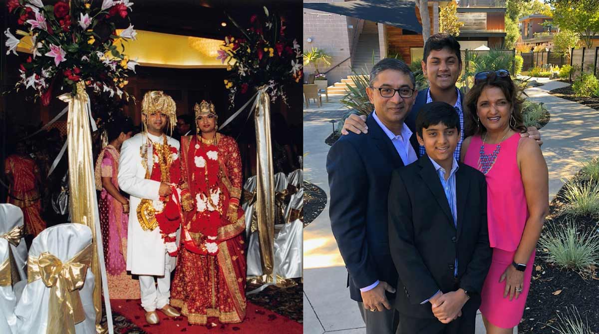 Dr. Jain credits her family for offering her ongoing support during her busy work weeks. At left, she and husband Dr. Rajeev Jain wed. At right, the doctors appear with their two sons, Anand (top) and Akash. Photo of couple at Indian wedding on left, family of four in yard on right