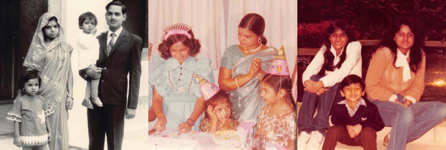At age five, Dr. Jain immigrated to Canada from India with her parents and two siblings so her physician father could complete a medical fellowship. The family later relocated to West Texas. Collage of three photos, one black and white with two adults and two small childre, one of a child's birthday party, and one of three young adults