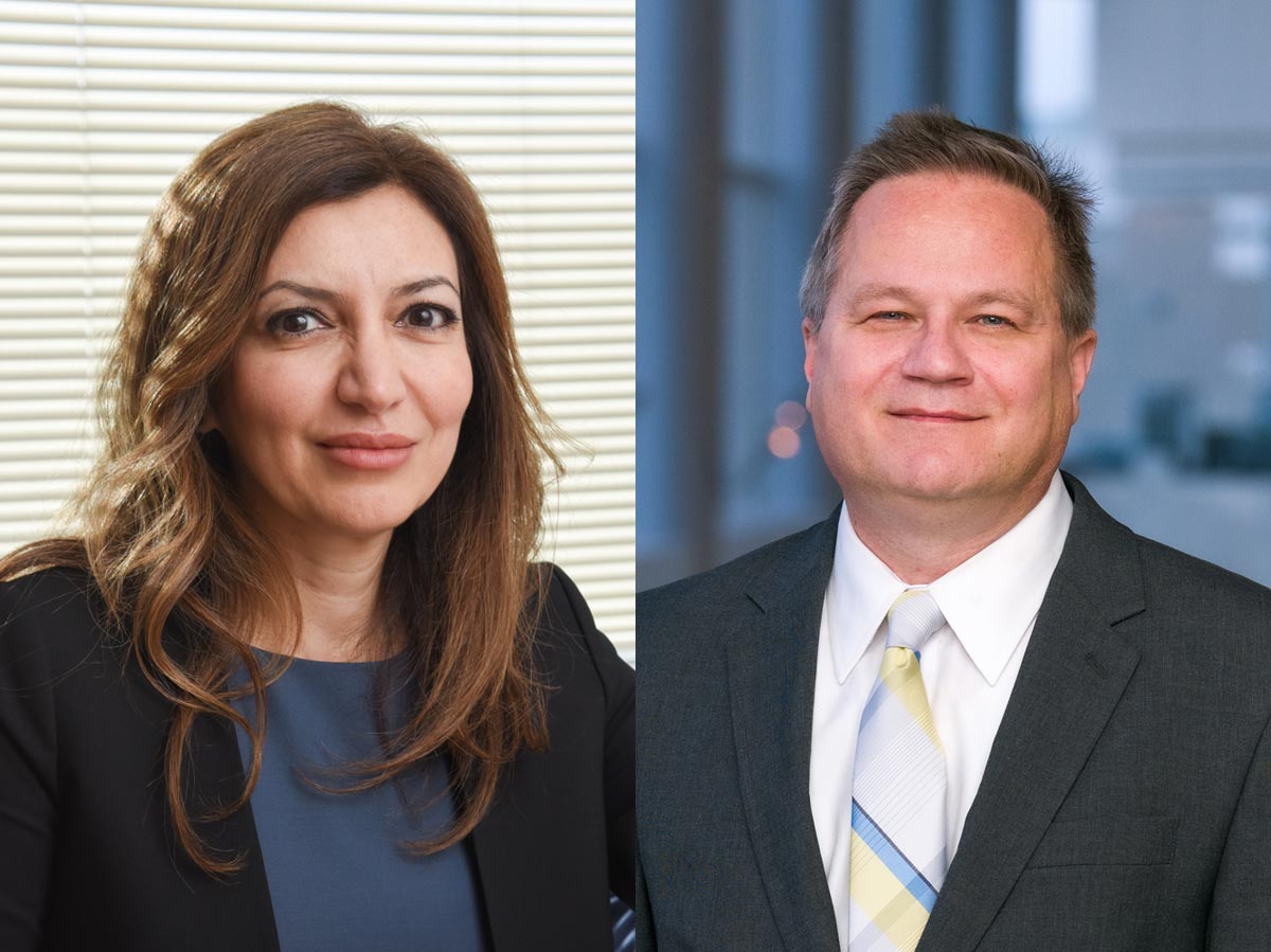 Dr. Susan Hedayati (left) and Dr. Christophy Lehmann (right) Woman with brown hair and black jacket next to photo of man with graying hair, dark gray suit