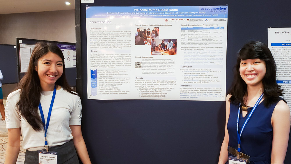 2. Hai-Uyen Nguyen (left) presents a poster with her fellow Interprofessional Education Representative Dr. Kathryn Jan on their Interprofessional Riddle Room project at the NEXUS Summit 2019 in Minneapolis, MN. Two women smiling standing next to poster board