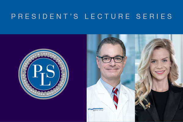 Left, man with glasses wearing lab coat; center, woman in black suit with long blond hair; right, President's Lecture Series logo