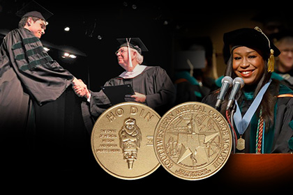 Two sides of a gold medal, a smiling woman speakinginto double microphones, and two men shaking hands as one is given an award.