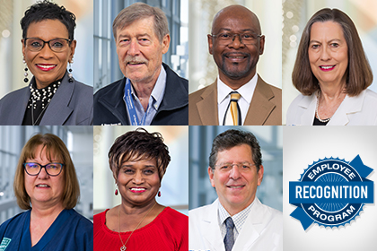 Collage of employees recognized for 45, 40, and 40 years, respecitively, with Employee Recognition Program logo.