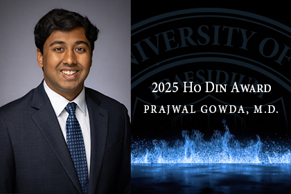 Smiling man with dark with black hair wearing a dark suit, white shirt, and blue checked tie - 2025 Ho Din Award, Prajwal Gowda, M.D.