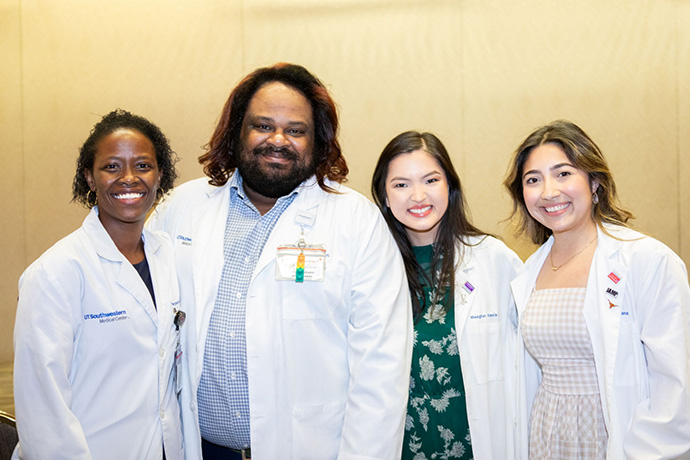 group of 4 med students display their honor society awards: From left: Perpetuah Sherman, Jacob “Jake” Qurashi, Meaghan Lee, and Ailyn Clara