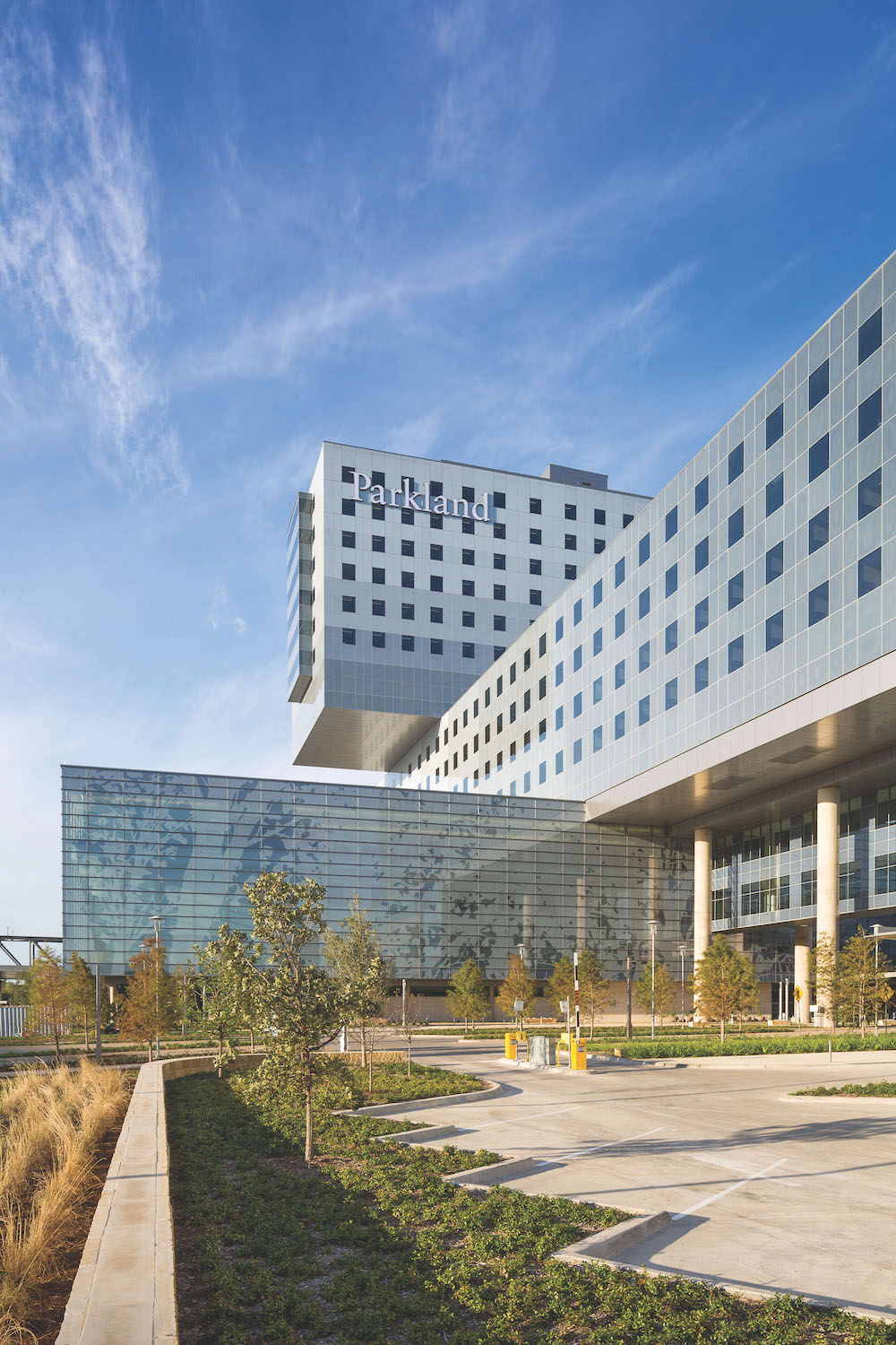 exterior view of Parkland Hospital showing top portion of building