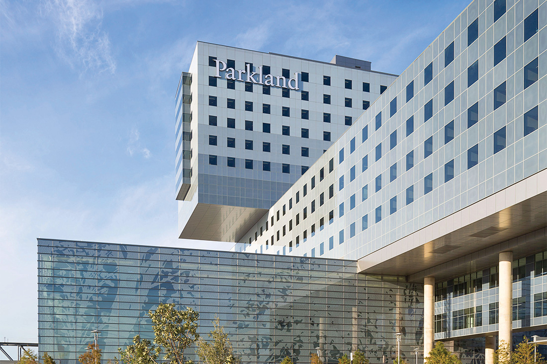 exterior view of Parkland Hospital looking showing top portion of building