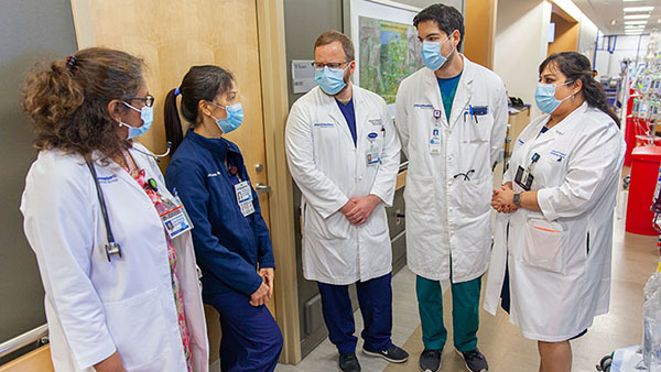 5 staff members gather to discuss, wearing medical masks