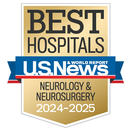 Gold badge with blue ribbon and text that states Best Hospitals U.S. News & World Report Neurology & Neurosurgery 2024-2025