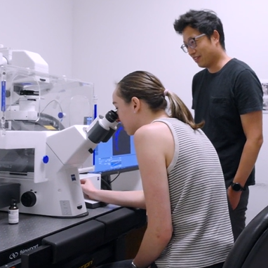 two people looking at scientific equipment