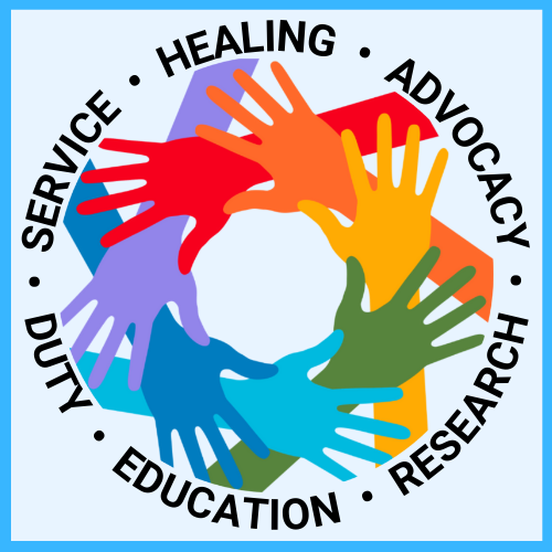 circle of the words Service, Healing, Advocacy, Research, Education, Duty, around a circle of connected hands in a rainbow of colors