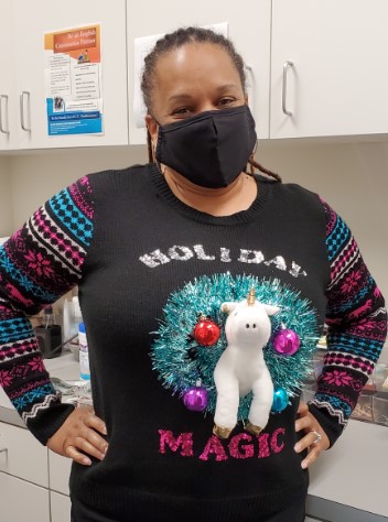 Woman in holiday sweater