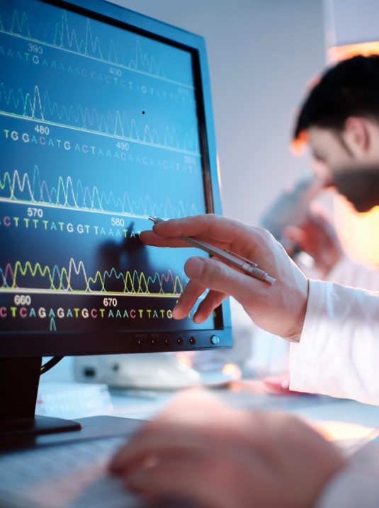 Lab personnel looking at testing on a computer monitor