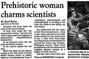 Newspaper clipping about the Leander discovery Newspaper clipping with headline Prehistoric woman charms scientists