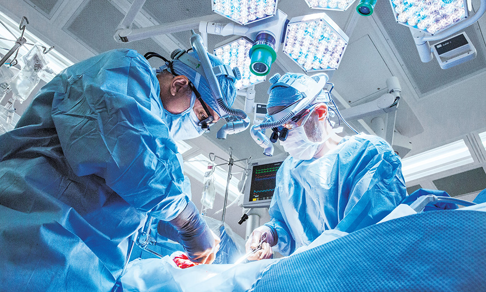 Two surgeons performing a liver transplant in an operating room Two surgeons performing a liver transplant in an operating room