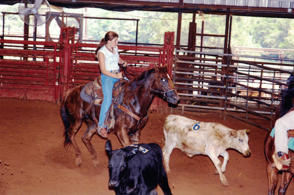 Chelsea rides a horse and rounds up cattle in a barn. Chelsea rides a horse and rounds up cattle in a barn.