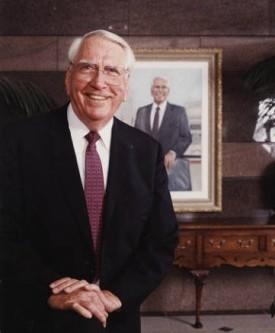 After his 1986 retirement as President of the University of Texas Health Science Center at Dallas, Dr. Sprague was honored by having the Charles Cameron Sprague Clinical Science Building named after him. The building opened in 1990, and this photo shows Dr. Sprague in the lobby of the building, with the lobby’s oil portrait of his likeness in the background. In 2007, Southwestern Medical School further honored Dr. Sprague by naming one of its six newly-created colleges after him. charles-sprague