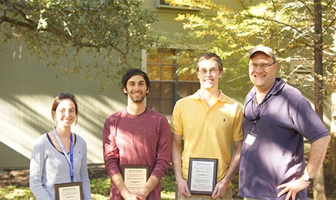 Three finalists (l-r); Allyson Rice (UT Austin), Thomas Alderson (U. Wisconsin), Michael Clark (Northwestern U.), and Kevin Gardner (UT Southwestern, host). Three finalists for the Sara and Frank McKnight Undergraduate Prize in Biophysics