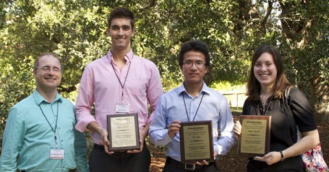 (l–r) Jose Rizo-Rey (UT Southwestern, hosting), Ryan Henrici (Penn State University), Kun Leng (Columbia University), and Abby Knecht (Brandeis University) Jose Rizo-Rey, Ryan Henrici, Kun Leng, and Abby Knecht at 2014 interdepartmental retreat