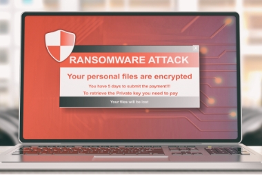 computer screen displays alert message with shield icon and text: ransomeware attack, your personal files are encrypted, you have 5 days to submit the payment!!! to retrieve the Private key you need to pay, your files will be lost