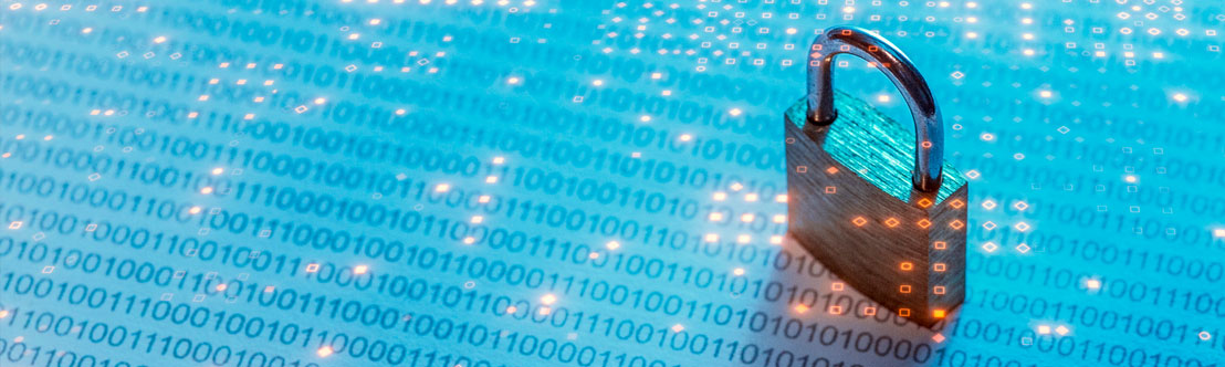 steel padlock ona blue background of lights, binary code and the words DATA SECURITY