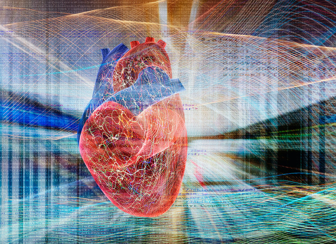 A human heart is seen in the form of energy fields on a backdrop of streaming data, computer code and futuristic data flows.