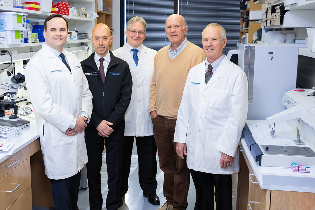 UT Southwestern researchers (l-r) Kevin Courtney, M.D., Ph.D.; James Brugarolas, M.D., Ph.D.; Richard Bruick, Ph.D.; Steven McKnight, Ph.D.; and David Russell, Ph.D.