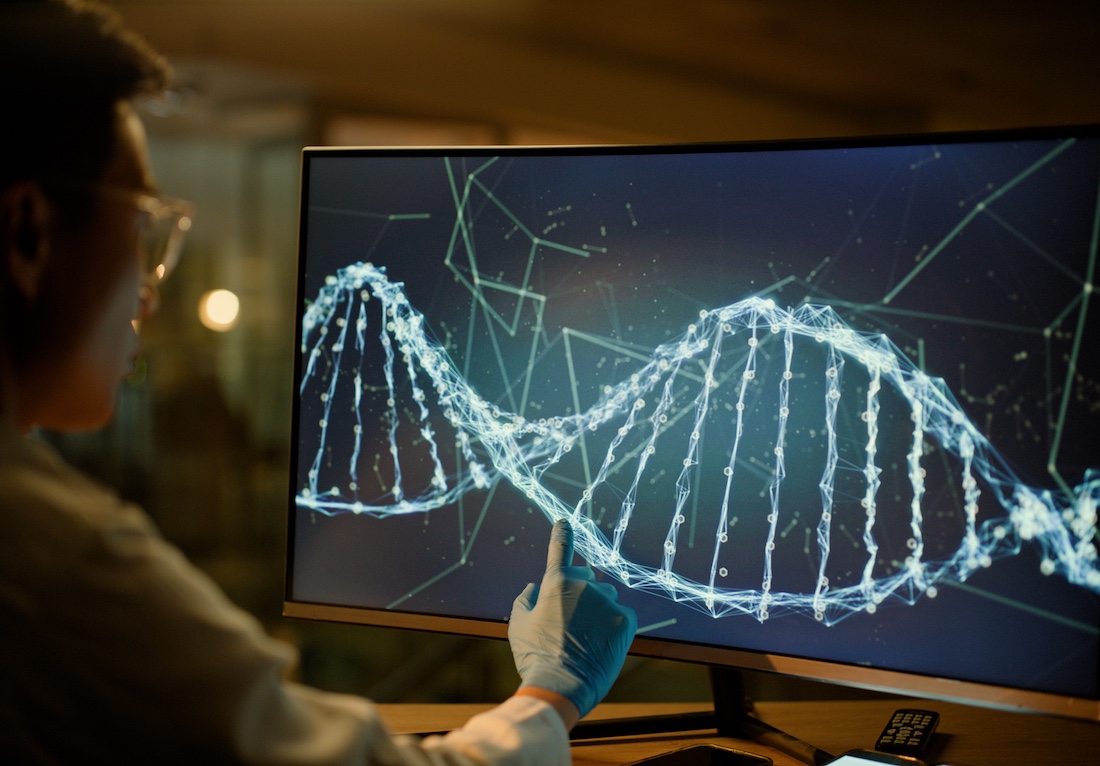 Man, computer screen and dna ​for lab research for gene therapy or anti aging science, futuristic or innovation. 