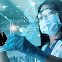 Female medical professional wearing a mask in the lab